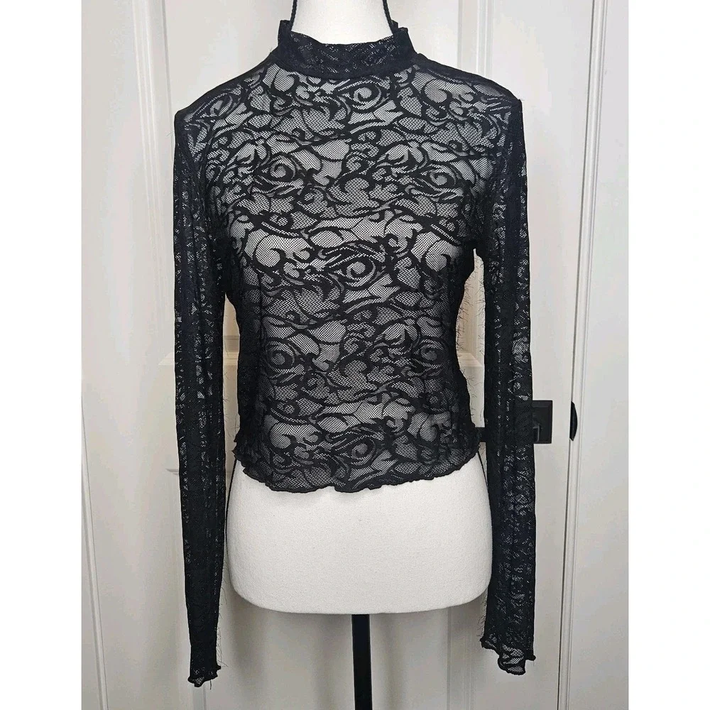 Forever 21 Lace Mesh Longsleeve Top Stretch Sheer‎ Size Medium Black Y2k Style